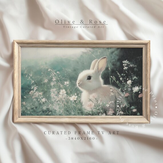 Vintage Easter Bunny In Wildflower Meadow Frame Tv Art Rabbit Painting Tv Art Moody Neutral Spring Decor Sage Green Screensaver