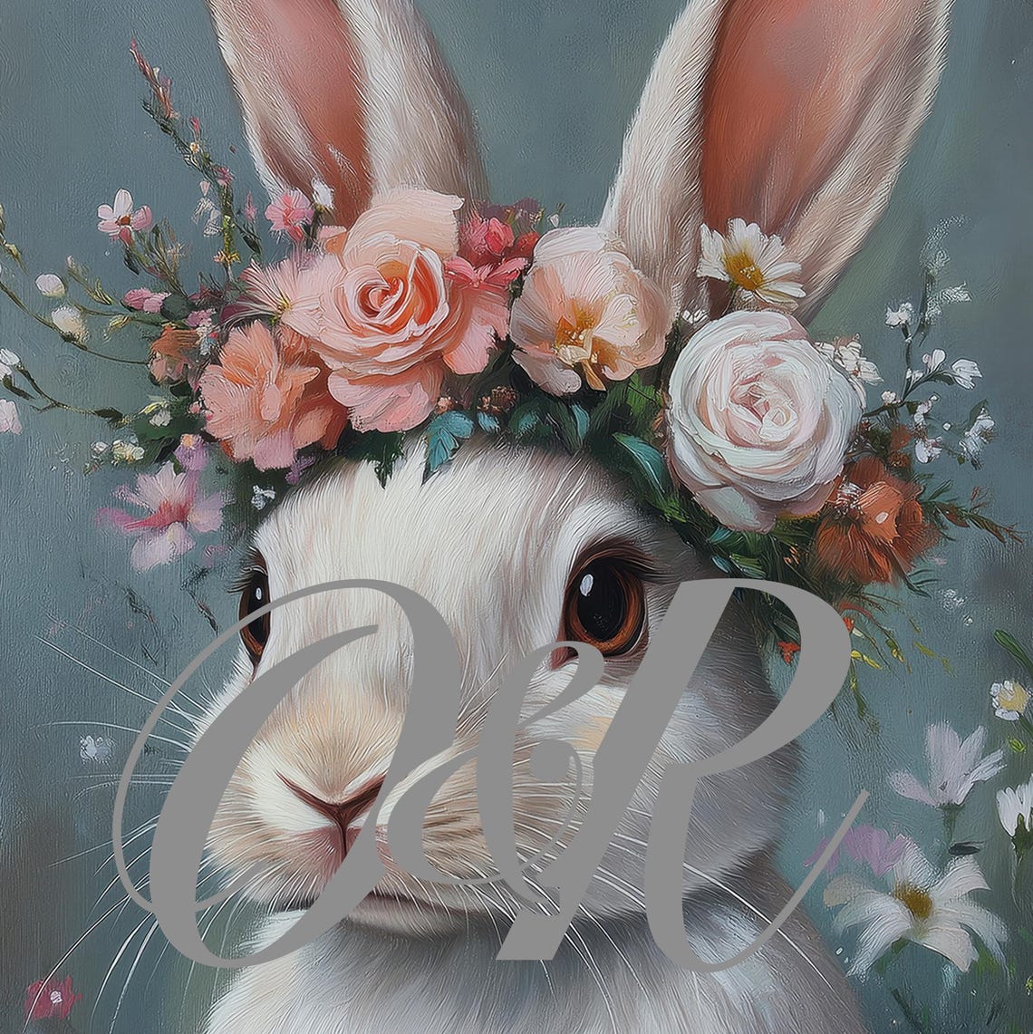Vintage Cute Easter Bunny Print Floral White Rabbit Painting Wall Art Spring Botanical Nursery Decor Flower Prints - Image 5