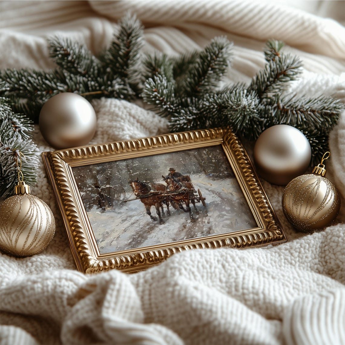 Vintage Horse Drawn Sleigh Snowy Forest Road Moody Winter Scene Poster - Image 4