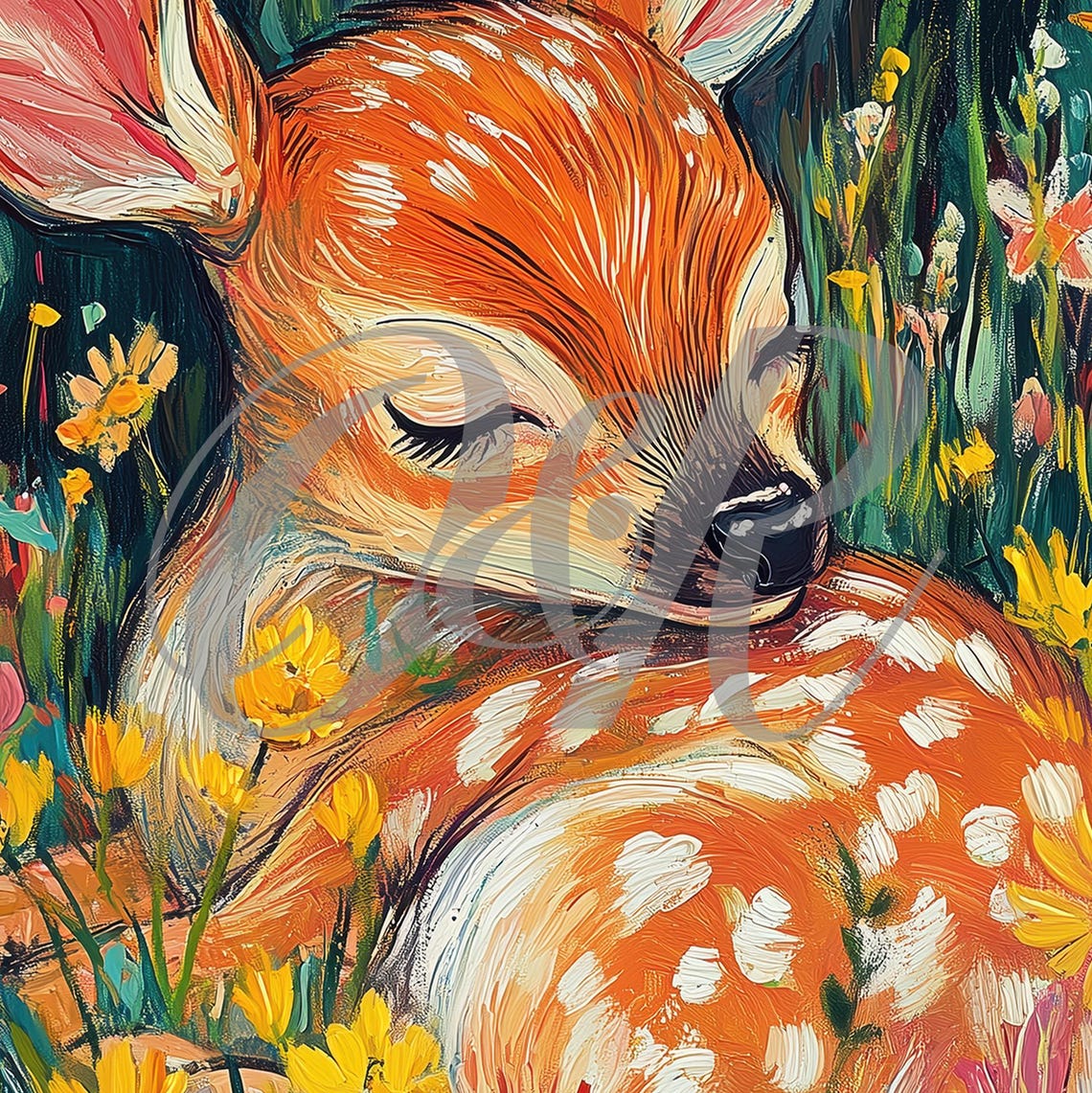 Sleeping Fawn Curled in Wildflower Meadow Vibrant Nursery Wall Art - Image 5