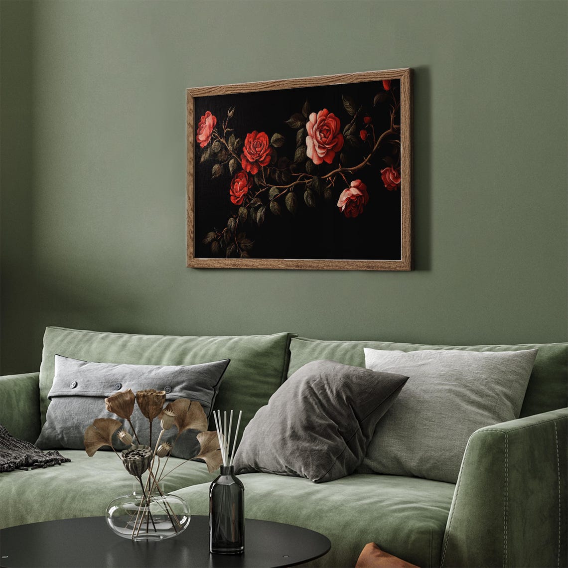 Dramatic Red Roses Garland Black Background Vintage Floral Art Poster - Image 5