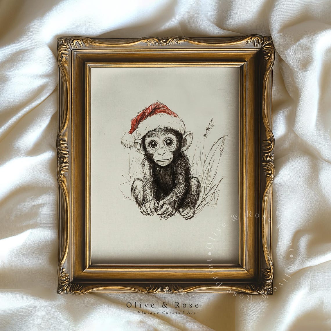 Cute Baby Monkey With Santa Hat Sketch Vintage Winter Wall Art Monkey Drawing Prints