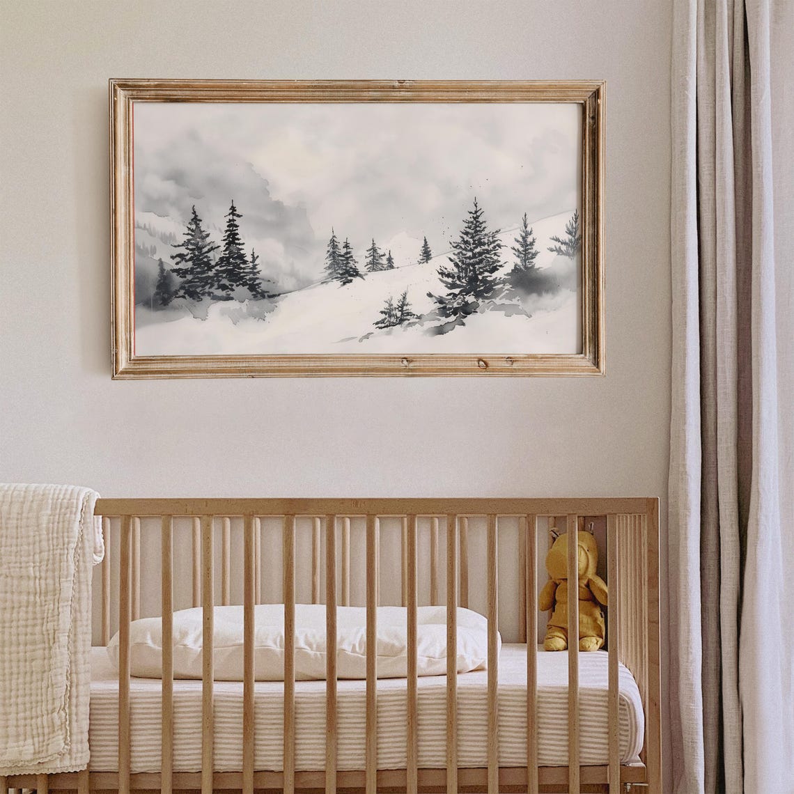 Monochrome Misty Pine Forest Snowy Hillside Watercolor TV Art Poster - Image 2