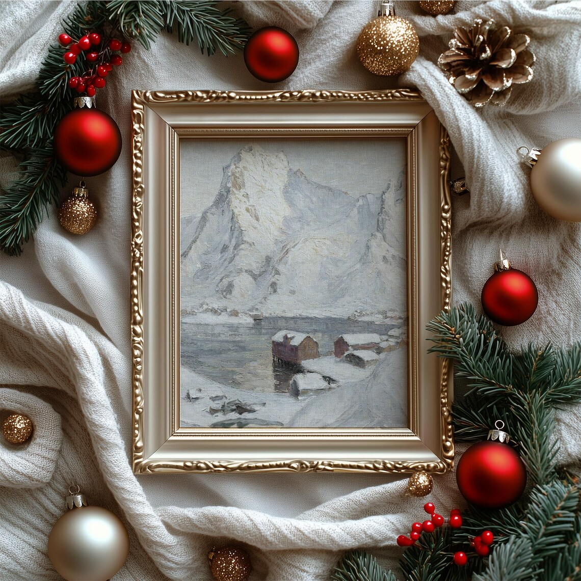 Snowy Nordic Fishing Village Mountain Fjord Winter Oil Painting Poster - Image 4