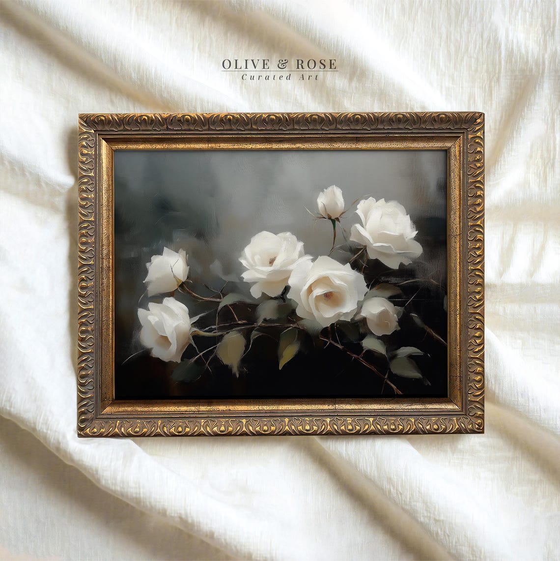 White Roses Dark Moody Background Vintage Botanical Oil Painting Print
