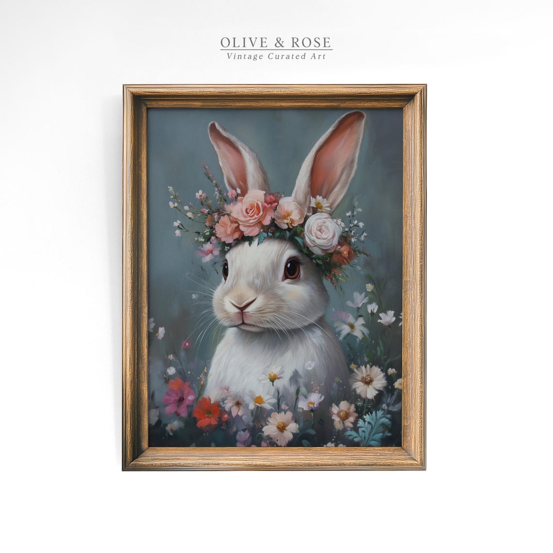 Vintage Cute Easter Bunny Print Floral White Rabbit Painting Wall Art Spring Botanical Nursery Decor Flower Prints - Image 4