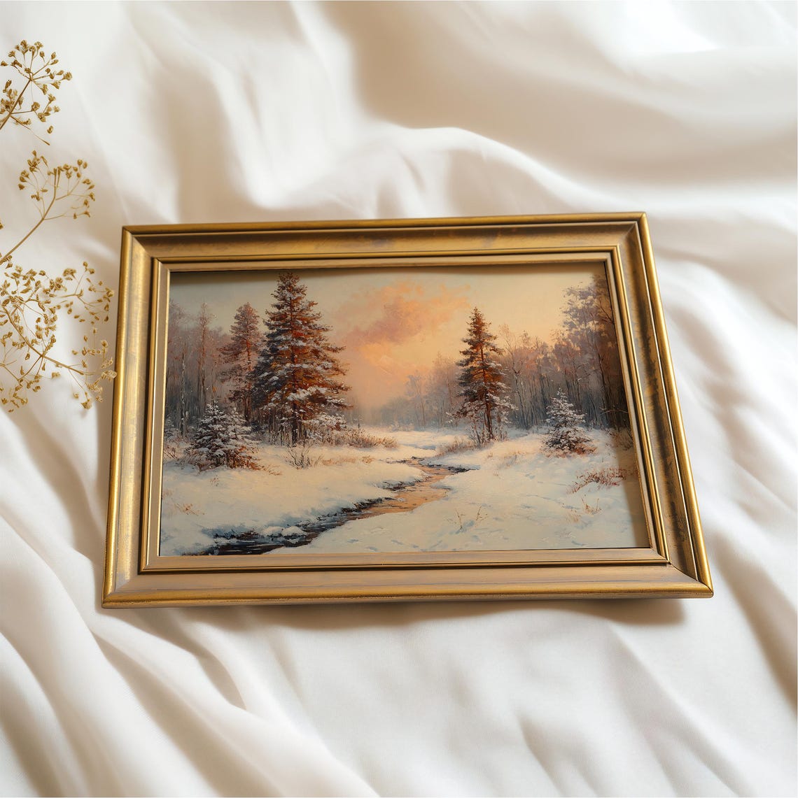 Vintage Winter Pine Forest Sunset Stream Snowy Landscape Oil Poster - Image 2