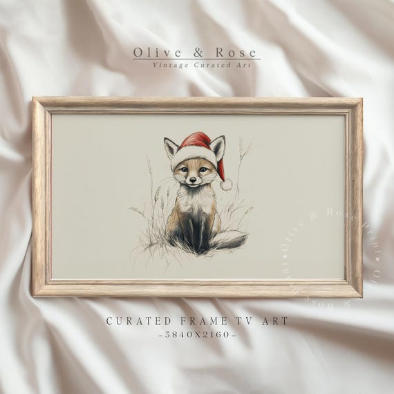 Vintage Fox With Santa Hat Sketch Frame Tv Art Neutral Christmas Nursery Holiday Decor Winter Frame Tv Cute Baby Fox Drawing