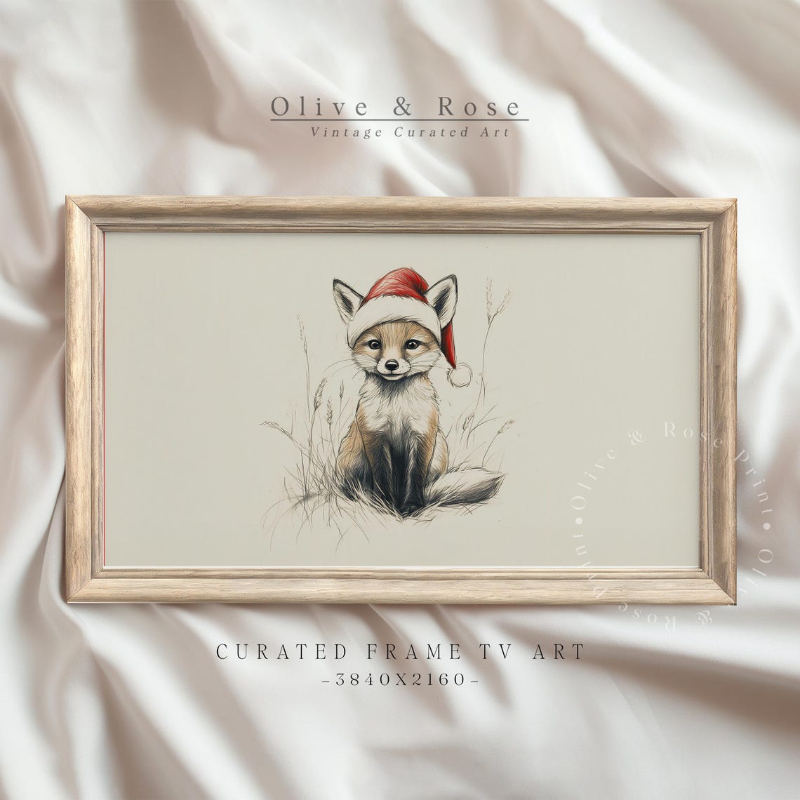 Vintage Fox With Santa Hat Sketch Frame Tv Art Neutral Christmas Nursery Holiday Decor Winter Frame Tv Cute Baby Fox Drawing