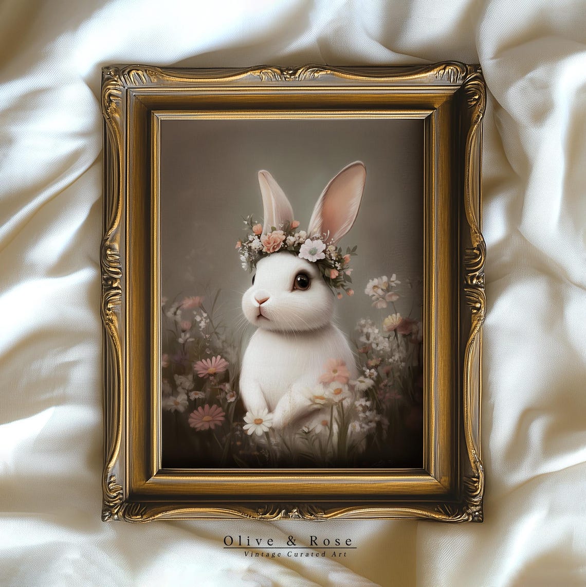 White Bunny Flower Crown Wildflower Meadow Vintage Nursery Wall Art - Image 4