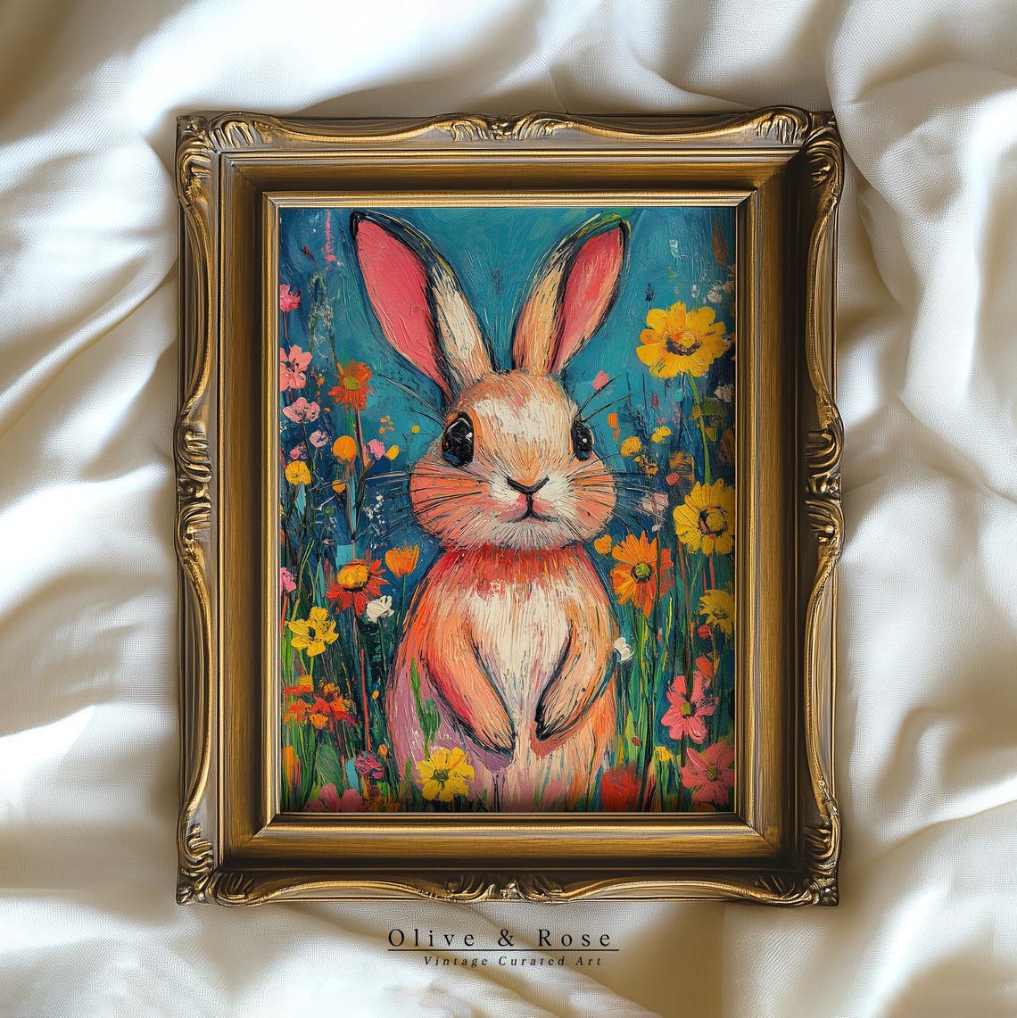 Colorful Easter Bunny Wildflower Meadow Print Cute Vibrant Rabbit Painting Wall Art Spring Kids Room Decor - Image 3