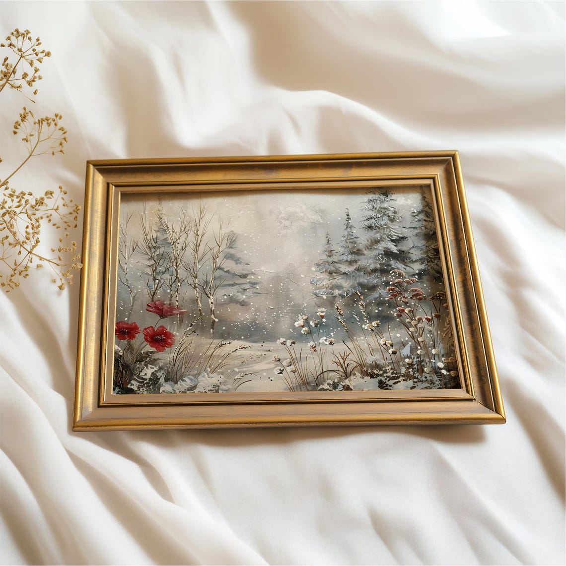 Snowy Winter Forest Red Poppies Falling Snow Rustic Christmas Wall Art - Image 2