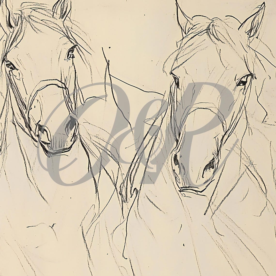 Antique Two Horses Head Line Drawing Equestrian Sketch Vintage Poster - Image 5