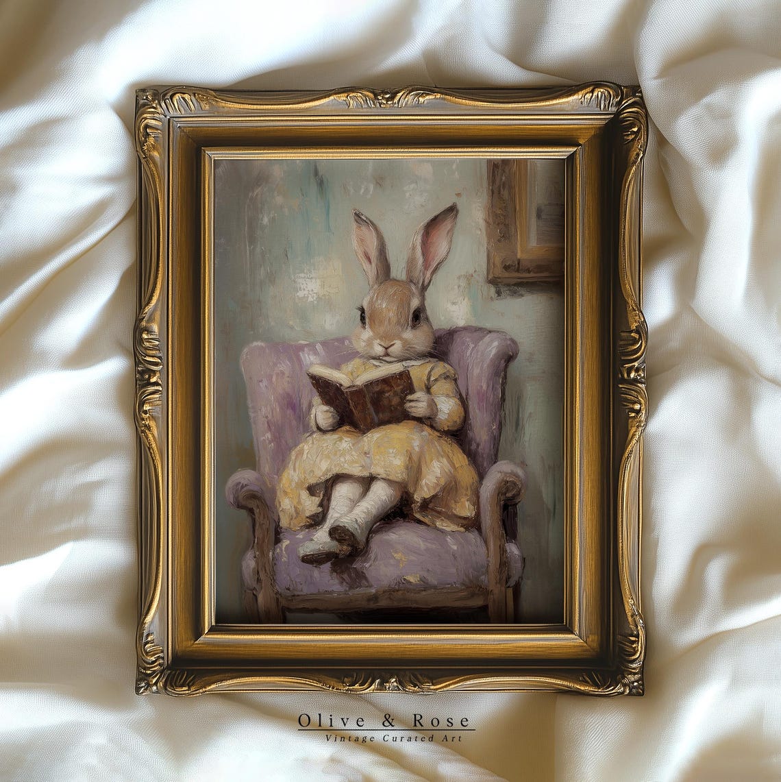 Vintage Easter Bunny Reading Book Print Cute Spring Rabbit In Yellow Dress Painting Wall Art Easter Nursery Decor Prints - Image 4