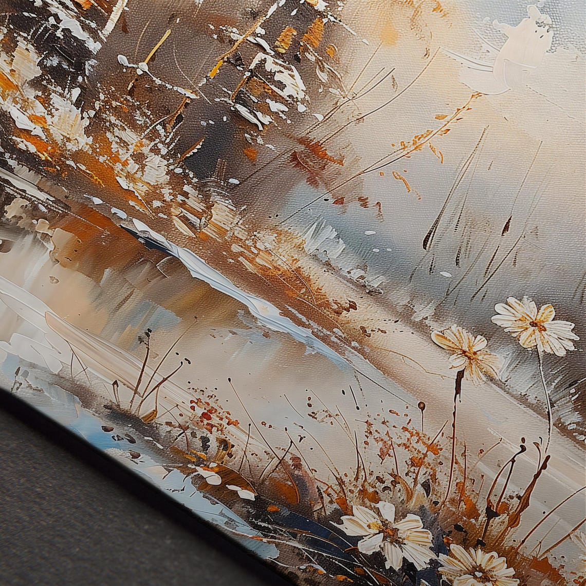 Winter Lakeside Wildflowers Daisy Meadow Golden Reflection Art Poster - Image 5