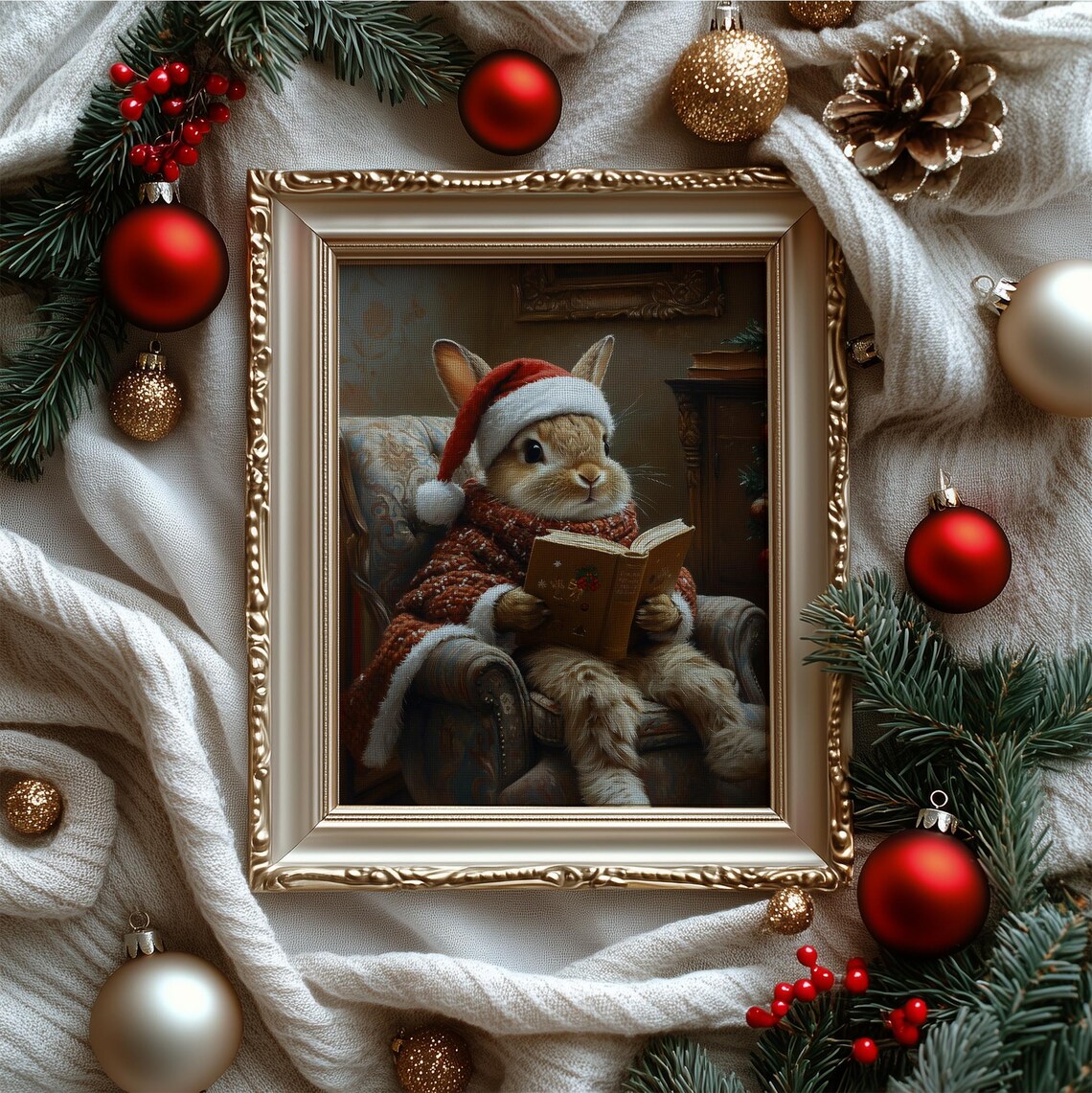 Funny Bunny Reading Book In Santa Hat Cozy Vintage Christmas Wall Art - Image 4