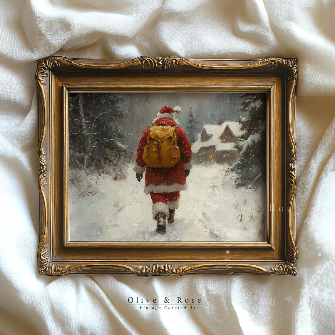 Vintage Santa Snowy Forest Walk Cabin Landscape Christmas Oil Poster