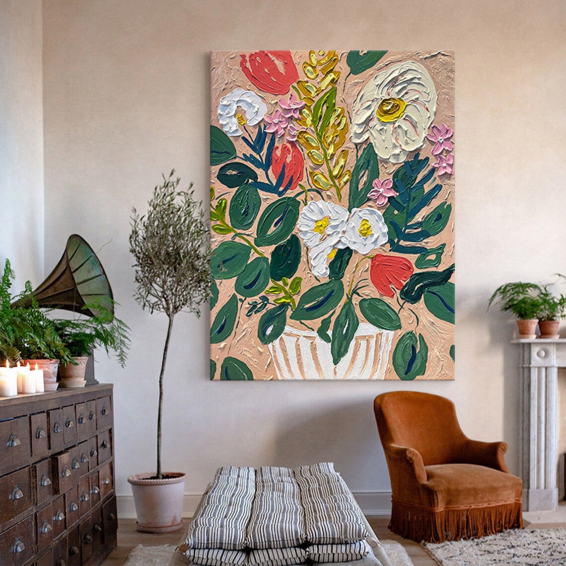 White And Coral Flower Bouquet Vase With Green Leaves Art Poster - Image 4