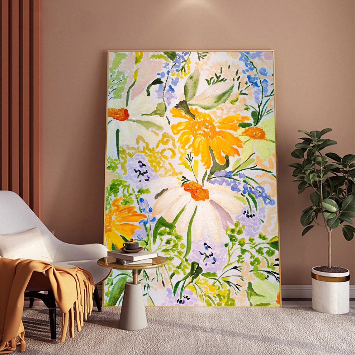 Big Hand Painted Vibrant Hues Blooming Yellow Flower Oil Painting Living Room Wall Decor Floral Wall Art Nursery Wall Decor Bedroom Wall Art - Image 3