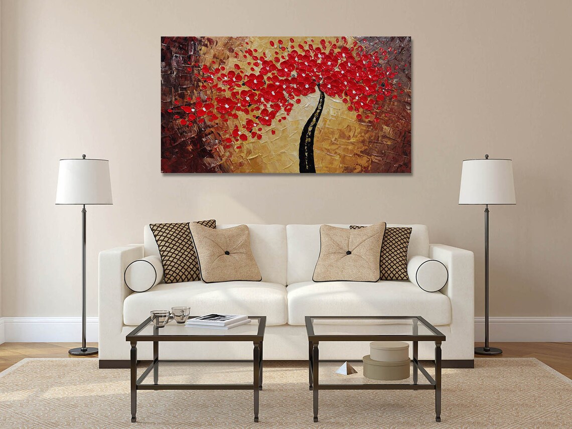 Bold Red Blossom Tree on Bronze Palette Knife Warm Floral Poster - Image 4