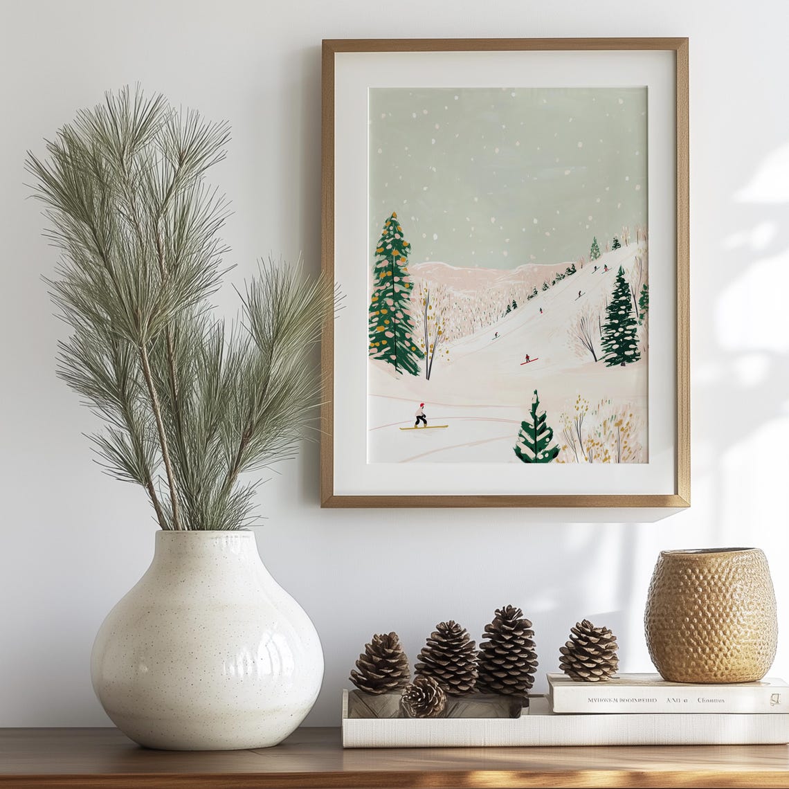 Skiers Gliding Down a Snowy Pastel Slope Winter Ski Scene Poster - Image 4