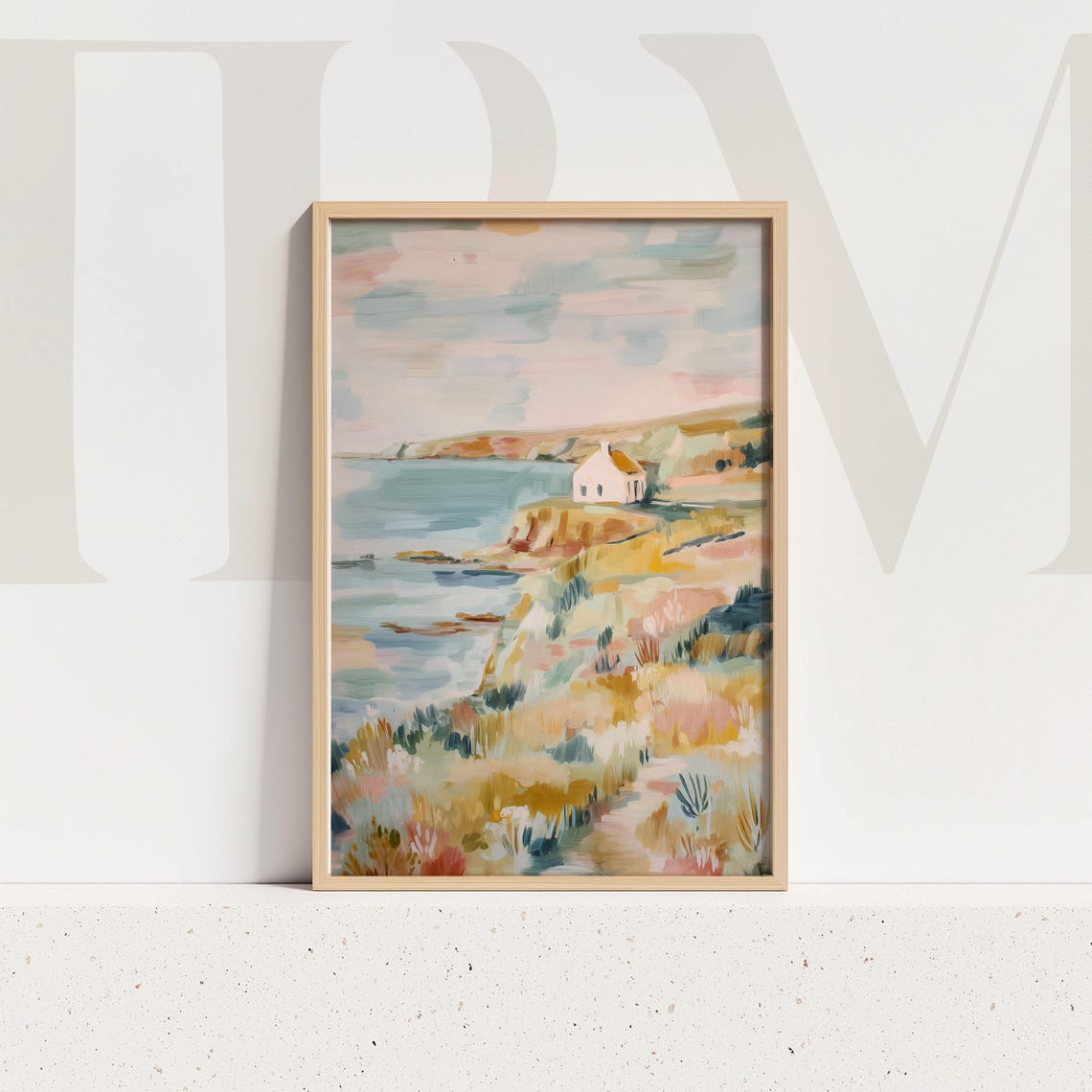 Coastal Cottage Ocean Cliff Pastel Seascape Painting Wall Art