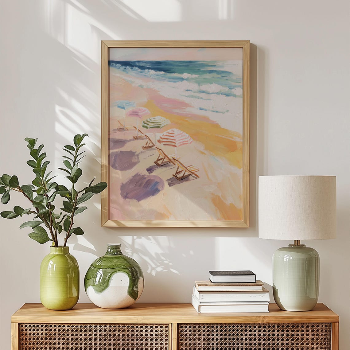 Pastel Beach Umbrellas Lounge Chairs Ocean Waves Coastal Wall Art