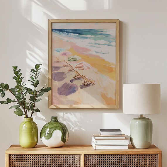 Pastel Beach Umbrellas Lounge Chairs Ocean Waves Coastal Wall Art