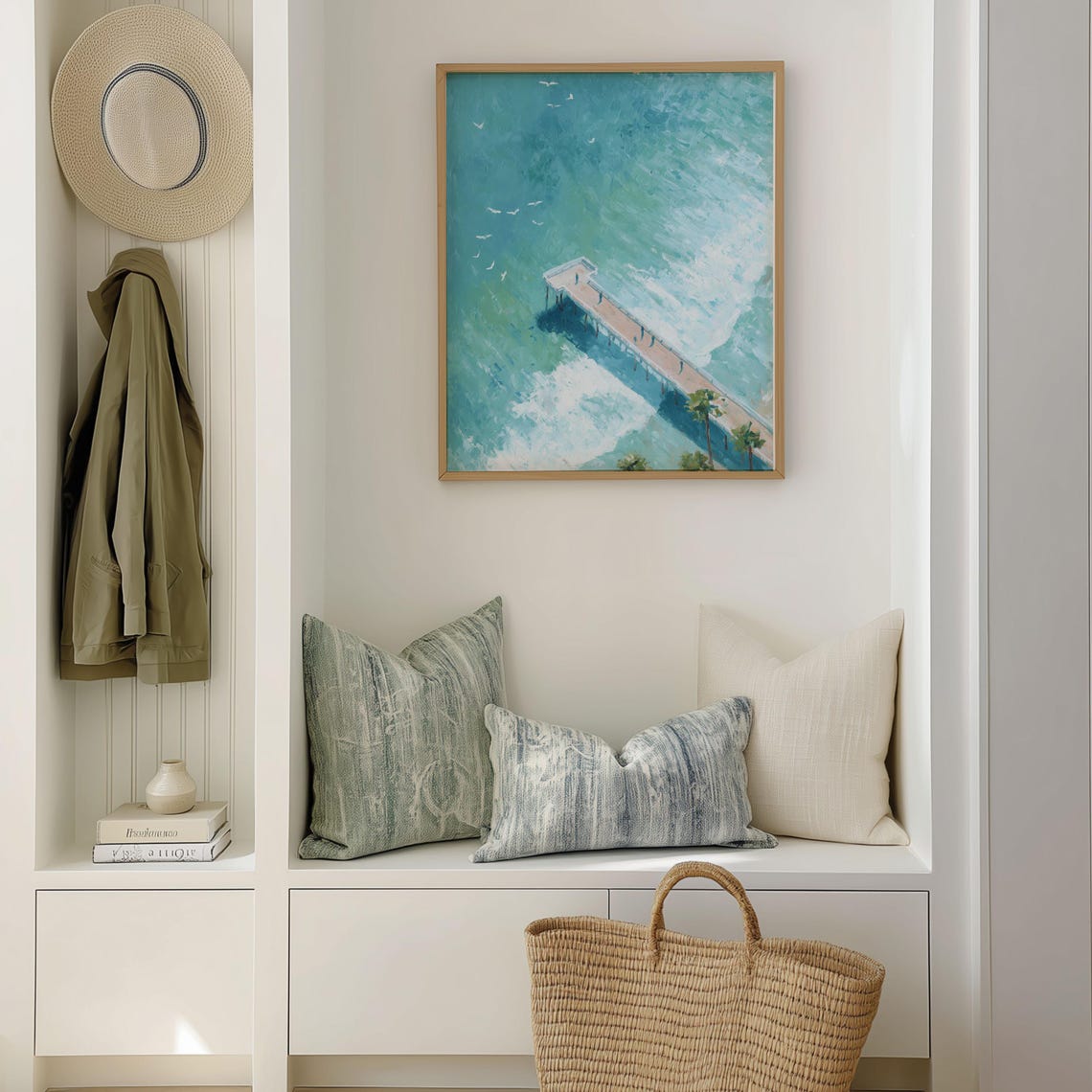 Ocean Pier Aerial View Turquoise Sea Coastal Painting Wall Art