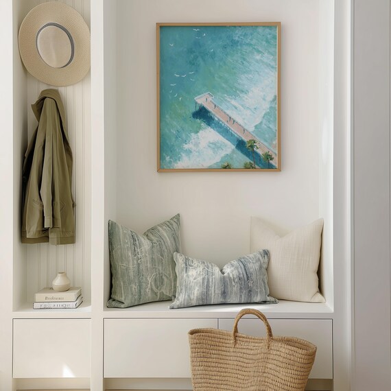 Ocean Pier Aerial View Turquoise Sea Coastal Painting Wall Art