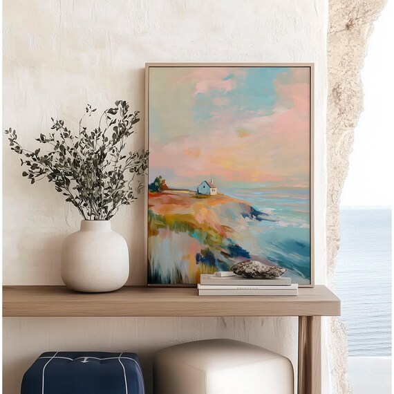 Cliffside Village White Houses Sunny Pastel Coastal Painting Print