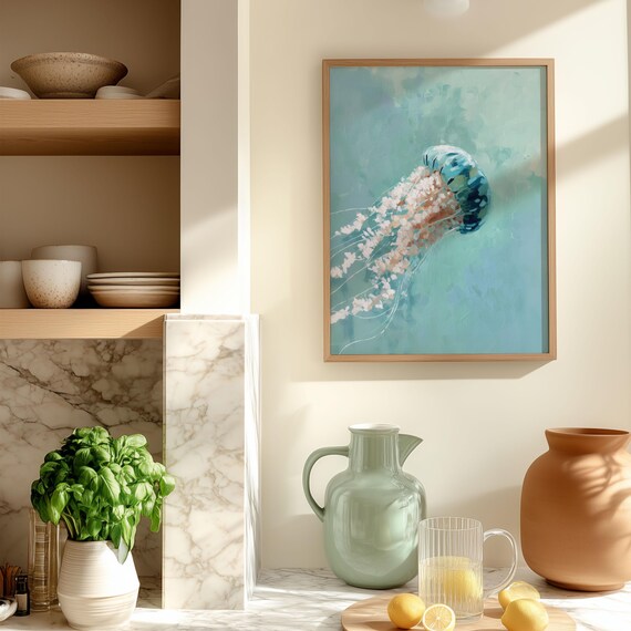 Jellyfish Abstract Ocean Art Pastel Teal Coastal Nursery Wall Art