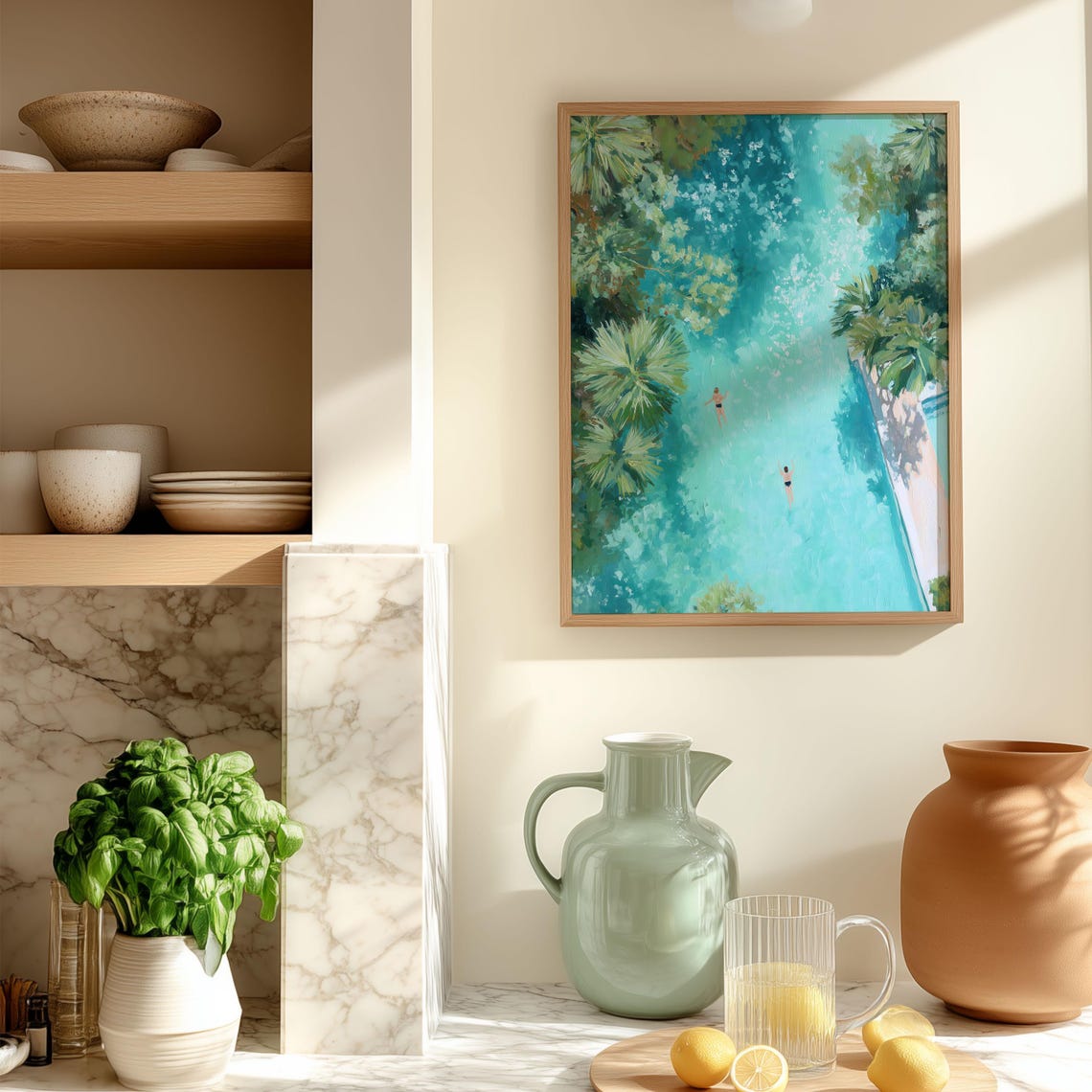 Tropical Pool Print Turquoise Water Palm Trees