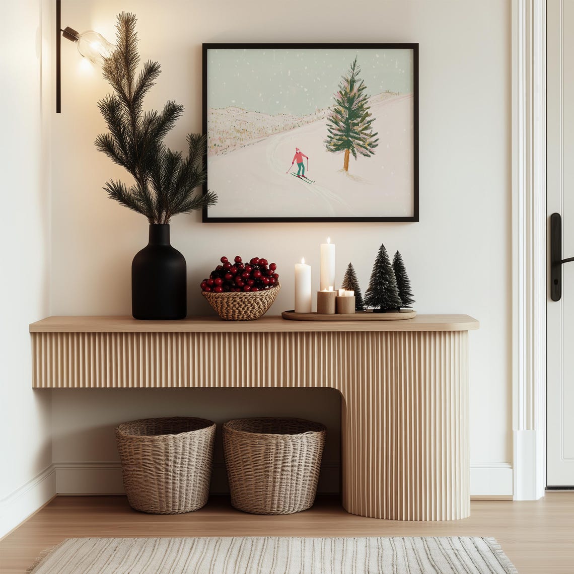 Child on a Snowy Hill with Pine Tree Pastel Ski Scene Poster - Image 2