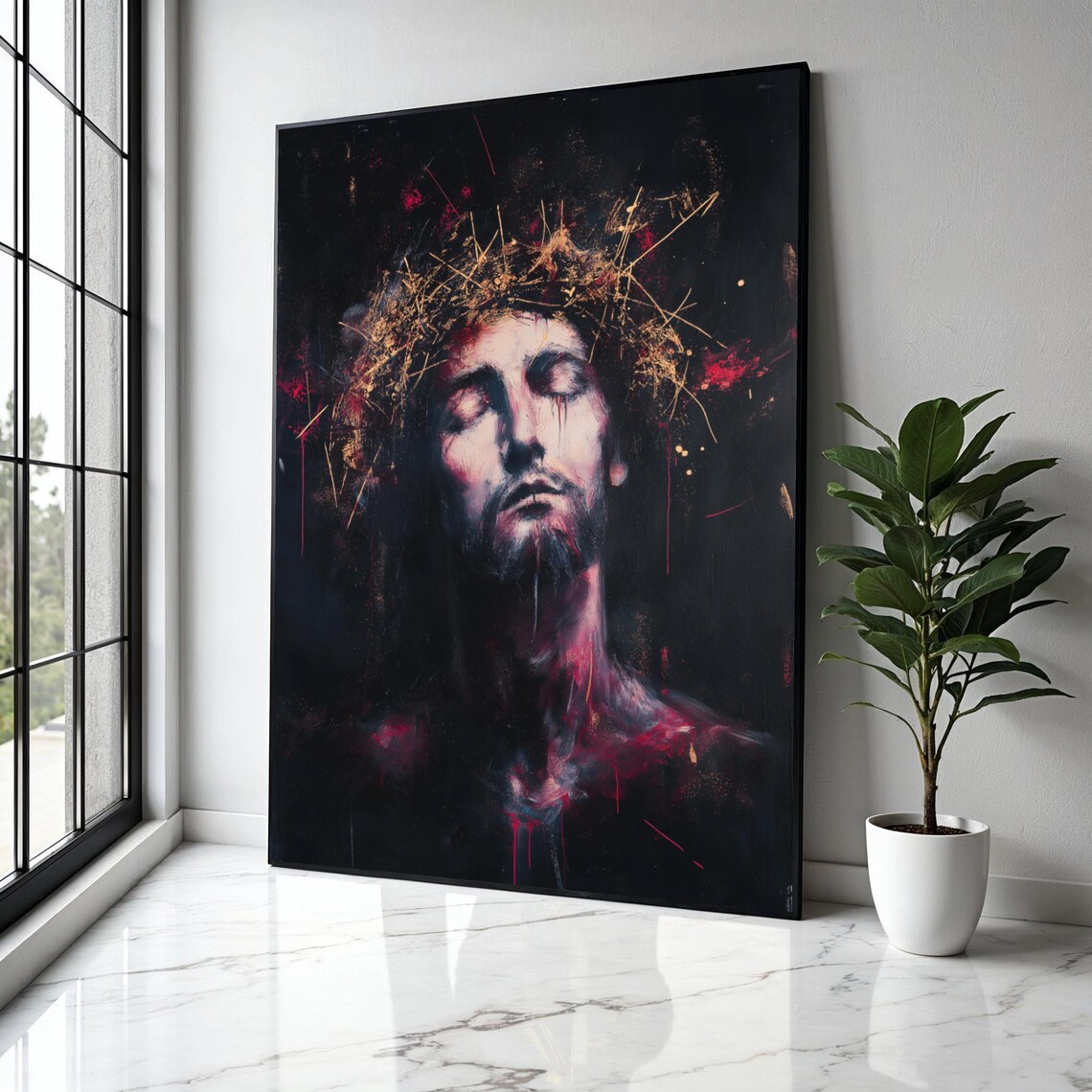 Contemplative Christ Portrait Crown Of Thorns Expressive Painting Poster