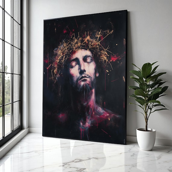 Contemplative Christ Portrait Crown Of Thorns Expressive Painting Poster