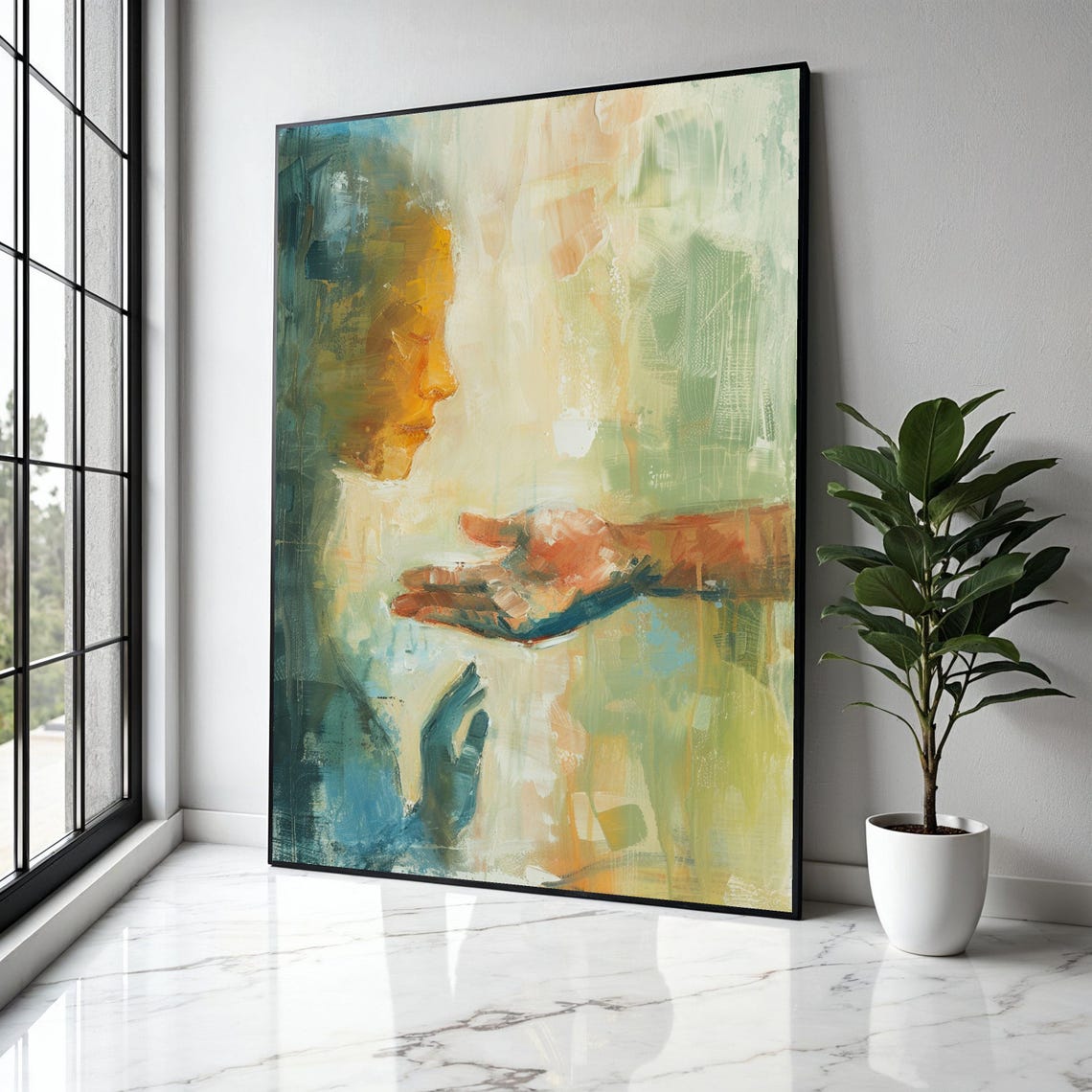 Abstract Faces Reaching Hand Pastel Figurative Emotional Poster