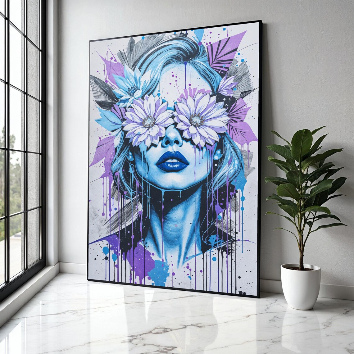 Woman With Purple And White Flowers Over Her Eyes Graffiti Drip Poster