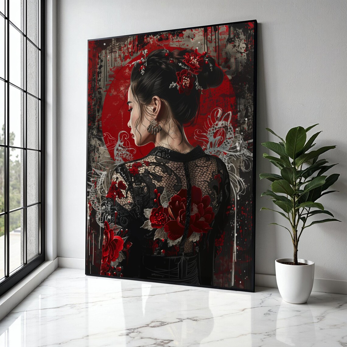 Geisha Back Red Lace Dress Floral Distressed Rising Sun Poster