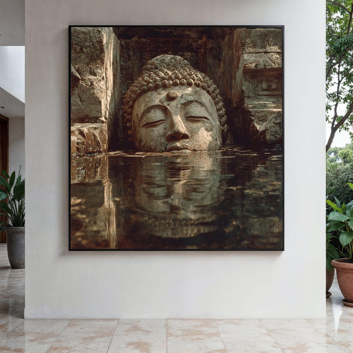 Ancient Stone Buddha Head Half Submerged In Still Water Poster