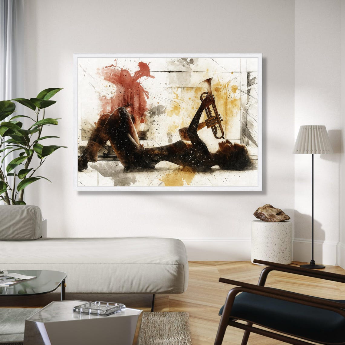 Abstract Watercolor Jazz Trumpeter Reclining Sketch Style Poster