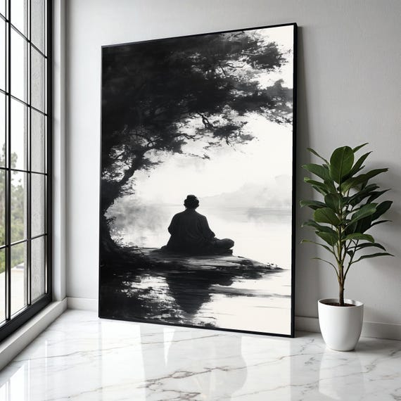 Meditative Silence Canvas Wall Art Zen Monk By Lake Black And White Tranquil Nature Scene Asian Inspired Gift Home Decor Print