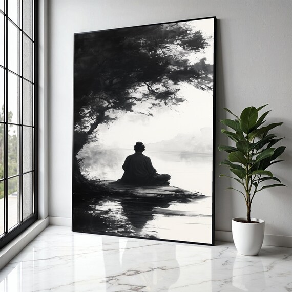 Monk Meditating by Misty Lake Black White Ink Wash Art Poster