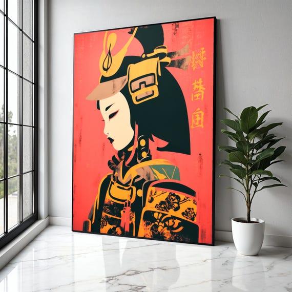 Modern Geisha Warrior Canvas Japanese Samurai Art Asian Culture Wall Bold Red And Yellow Home Gift Decor Print