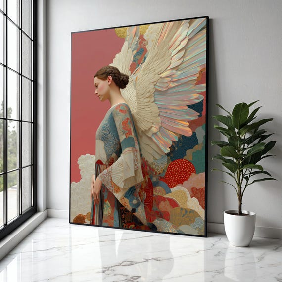 Elegant Angel Woman Canvas Wall Art Fantasy Feather Wings Ethereal Portrait Painting Decorative Home Gift Decor Print