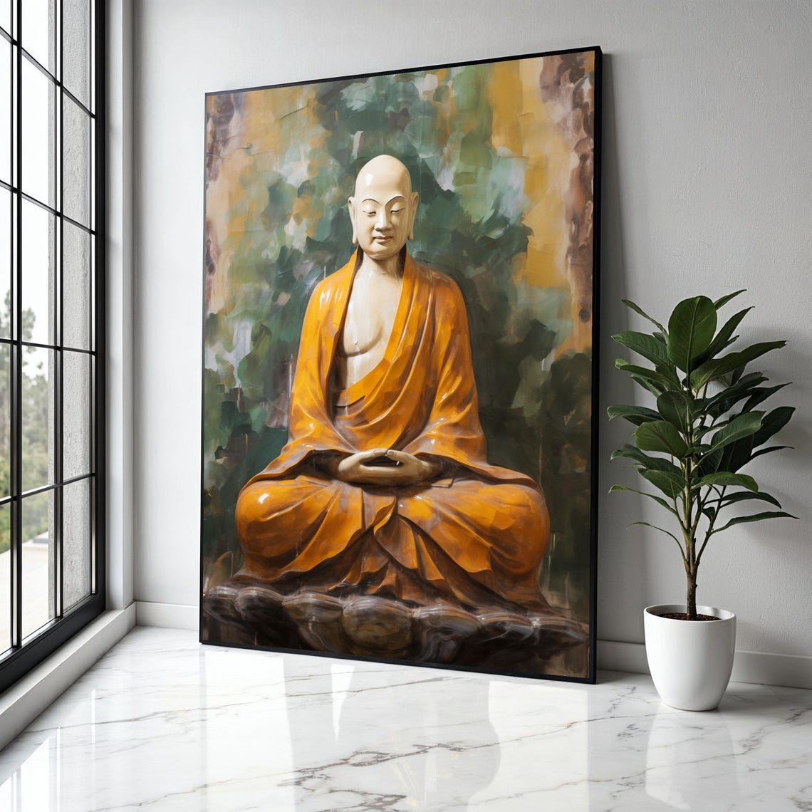 Serene Buddha Statue Orange Robe Painted Abstract Garden Poster