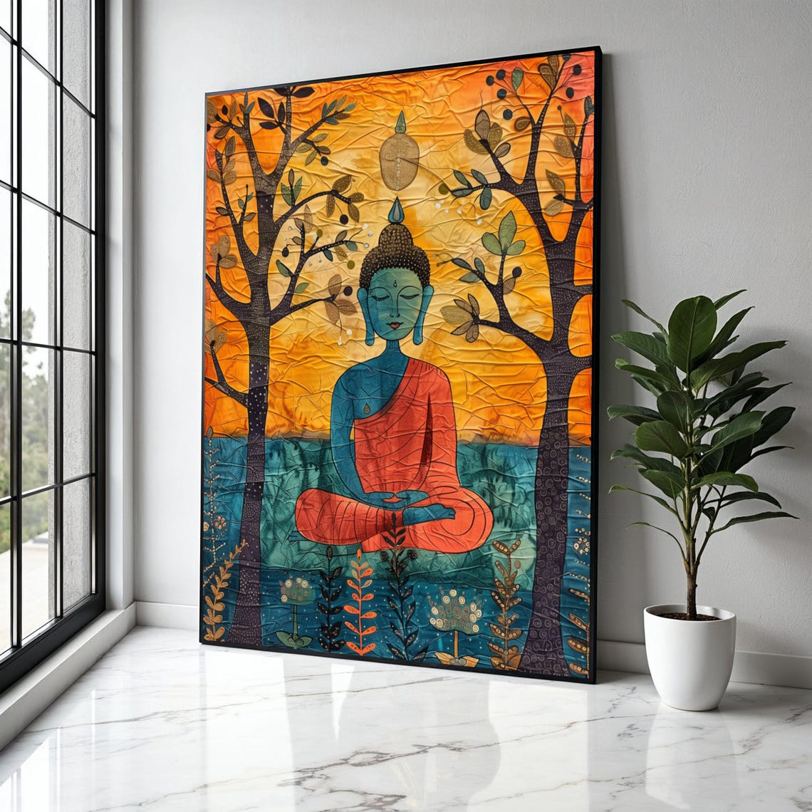Folk Art Buddha Teal Skin Orange Robe Trees Textured Wall Poster