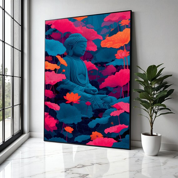 Blue Buddha Statue Seated Among Vibrant Pink And Orange Lotus Leaves Poster
