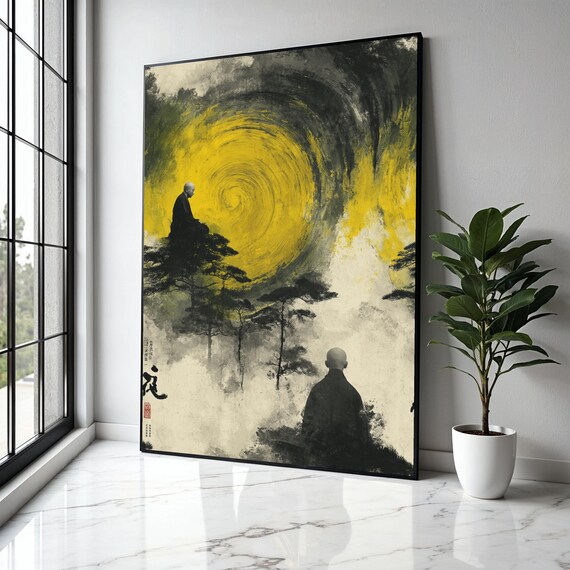 Meditating Monks Beneath Yellow Spiral Zen Ink Painting Poster