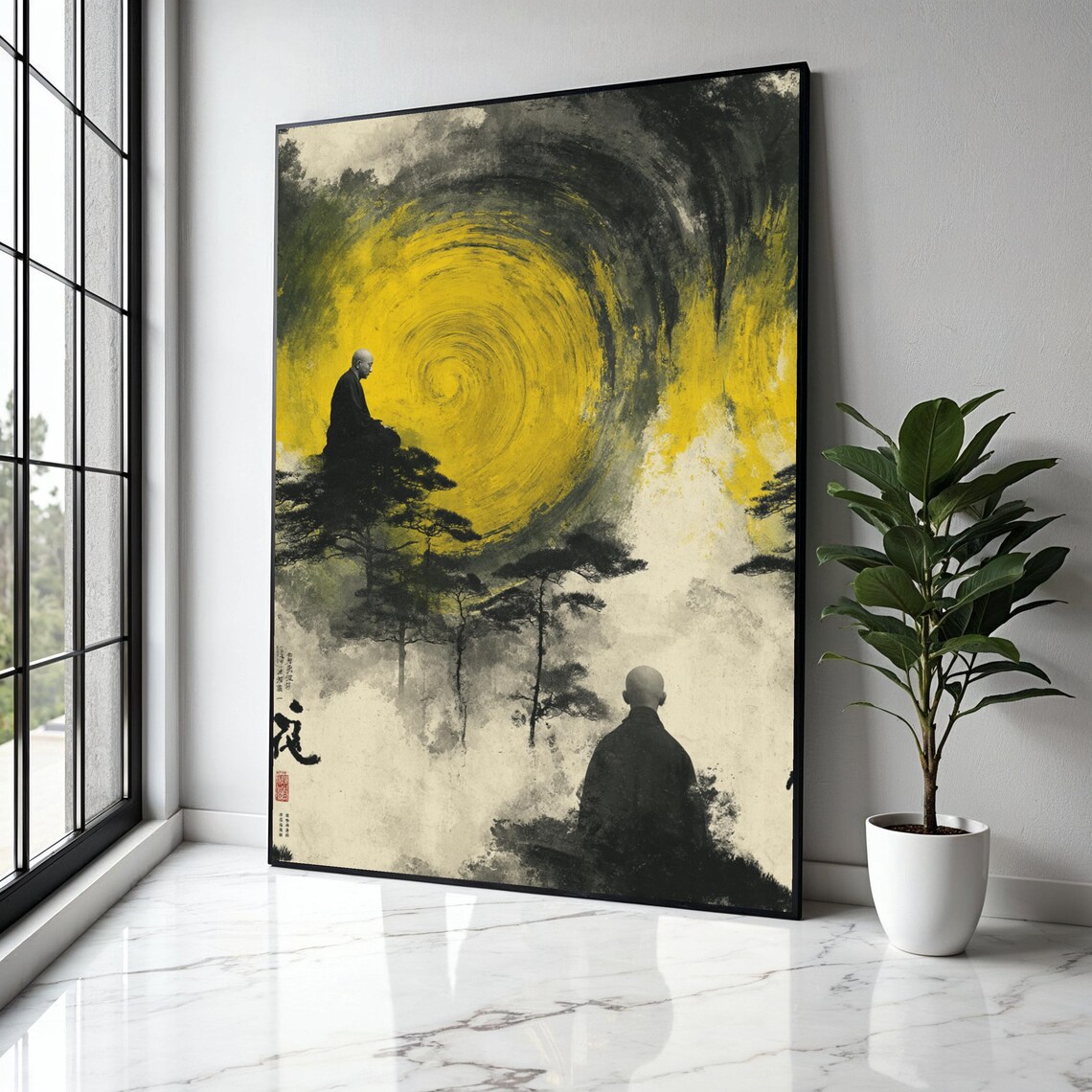 Meditating Monks Beneath Yellow Spiral Zen Ink Painting Poster